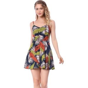 Allegra K Spaghetti Straps Tropical Leaves Romper Fir and Flare Romper Small NEW